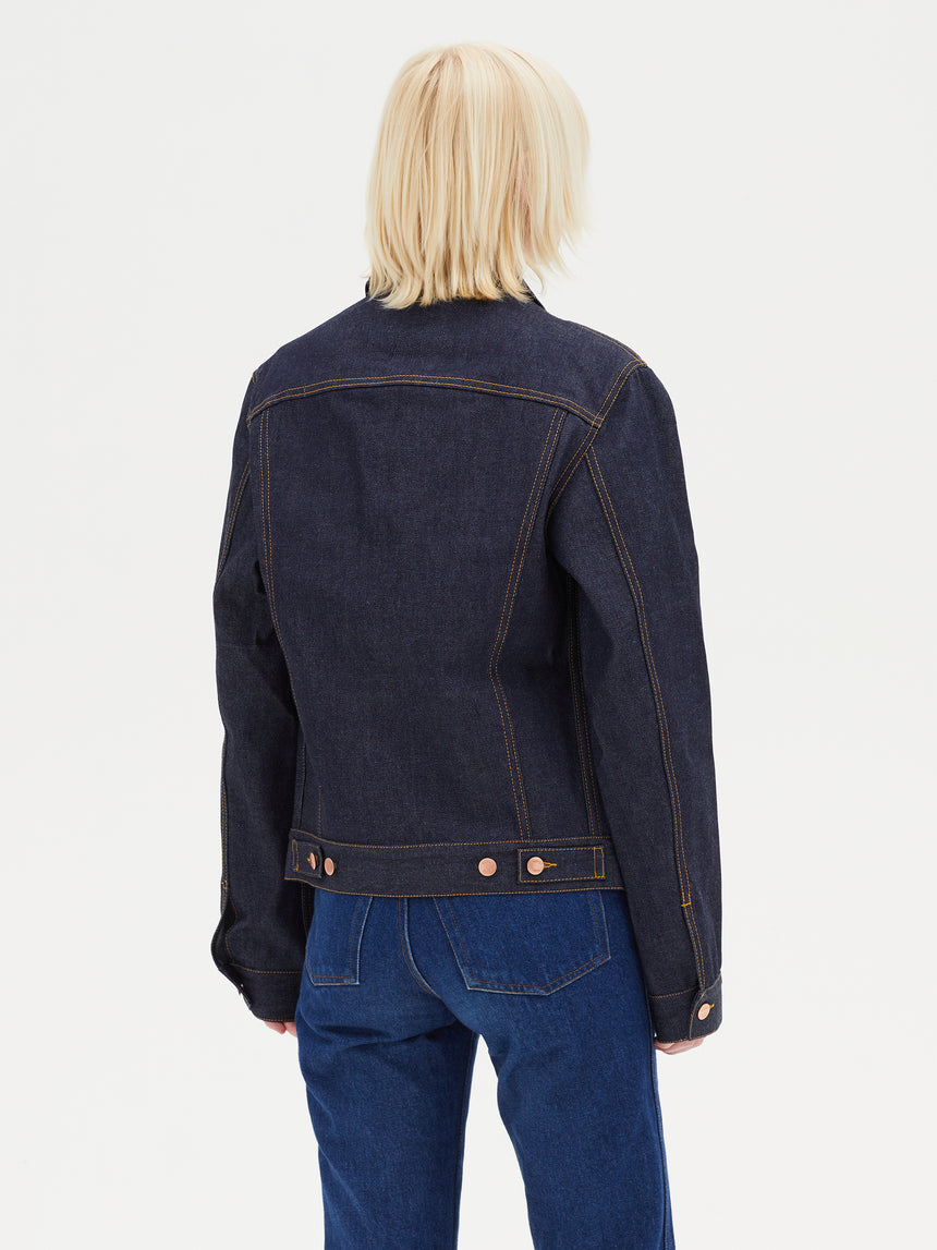 TAILORED DENIM TRUCKER JACKET IN RAW INDIGO DENIM