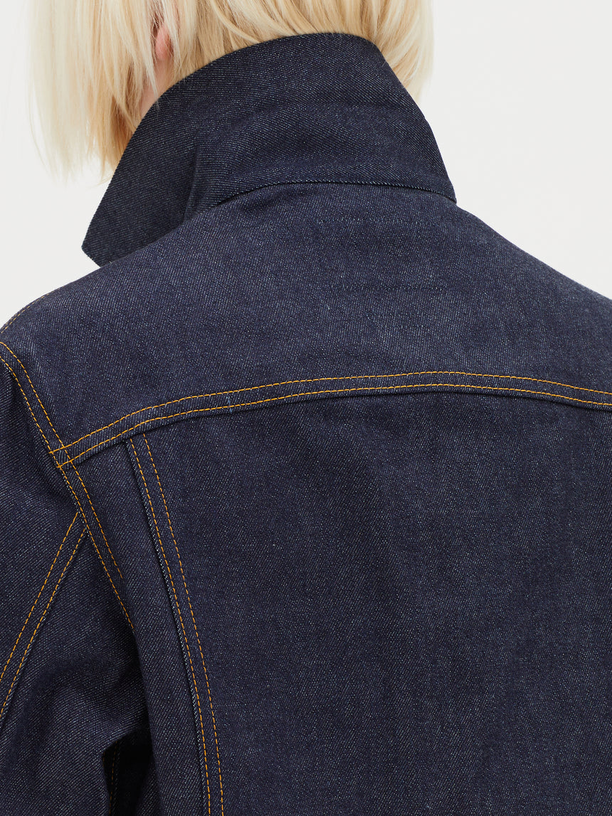 TAILORED DENIM TRUCKER JACKET IN RAW INDIGO DENIM