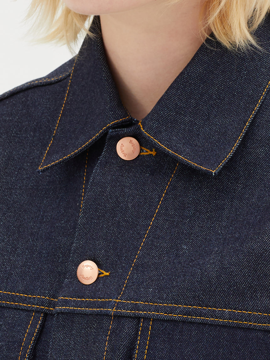 TAILORED DENIM TRUCKER JACKET IN RAW INDIGO DENIM