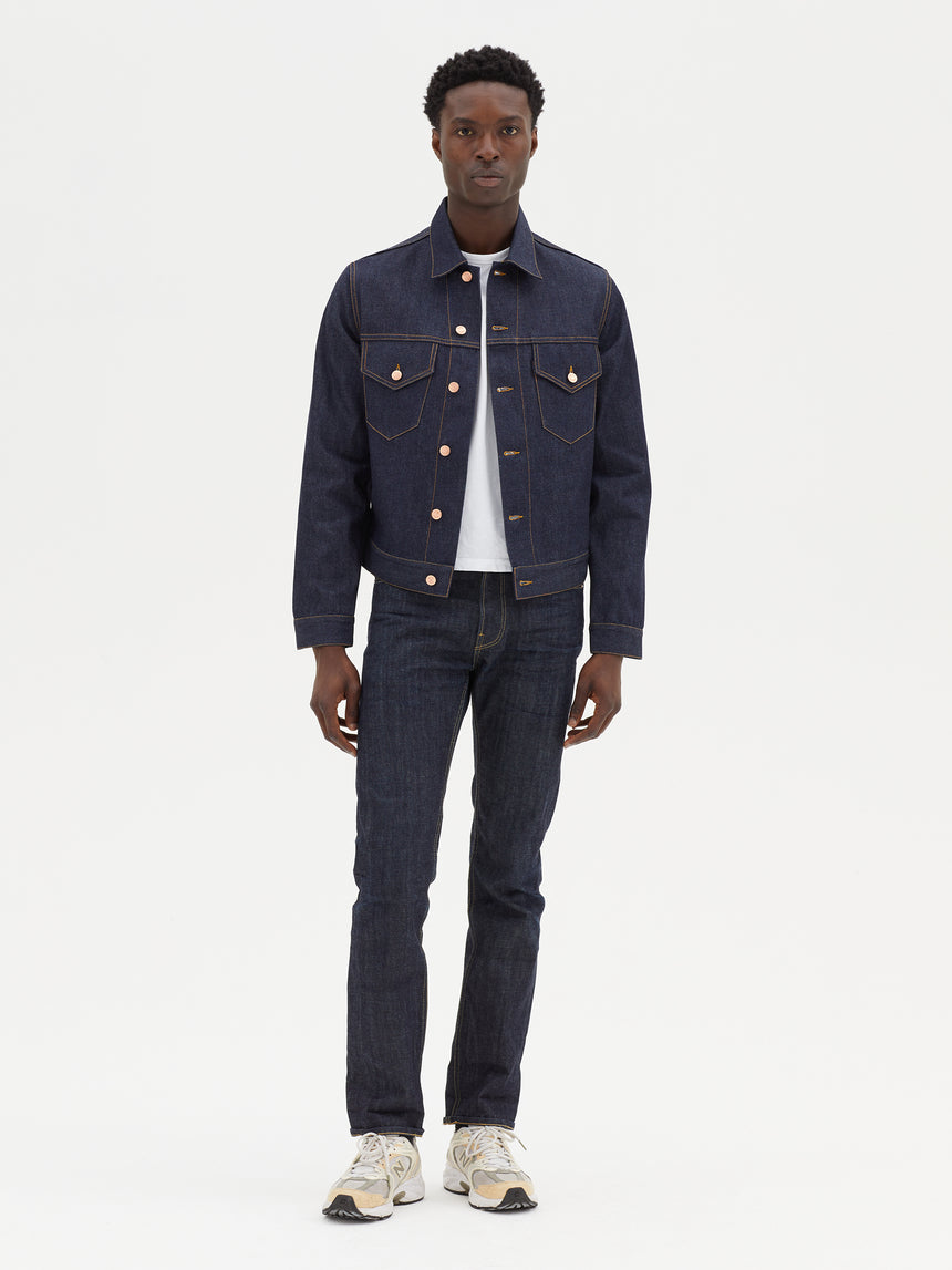 TAILORED DENIM TRUCKER JACKET IN RAW INDIGO DENIM