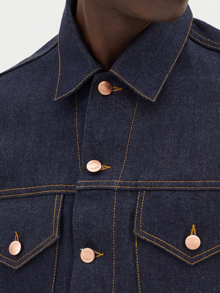 TAILORED DENIM TRUCKER JACKET IN RAW INDIGO DENIM