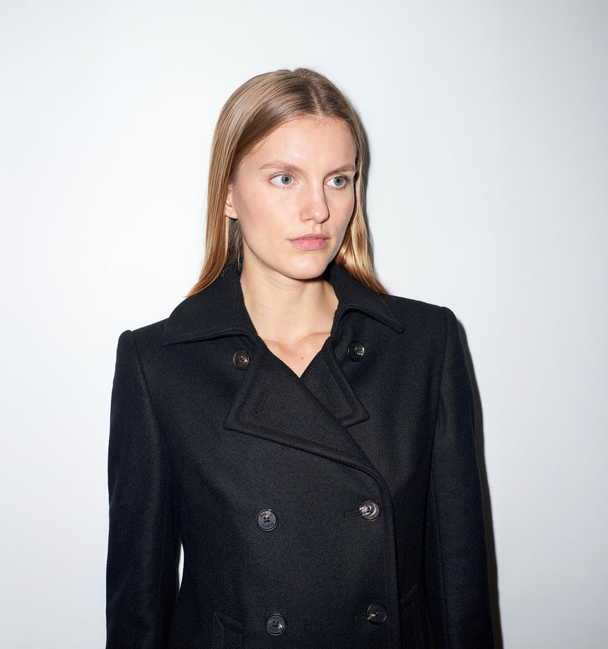 BLACK WOOL MELTON PEA COAT