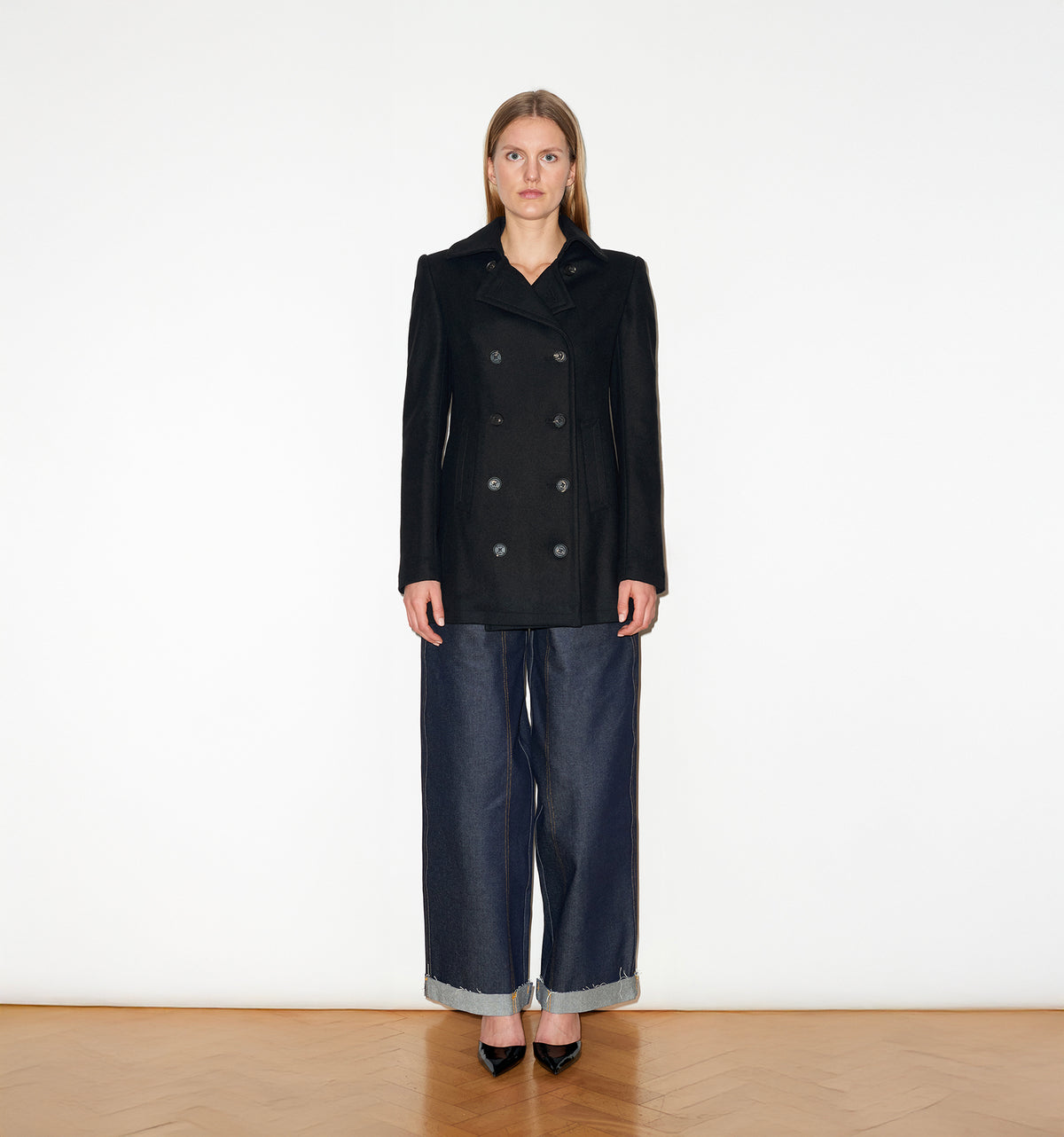 BLACK WOOL MELTON PEA COAT