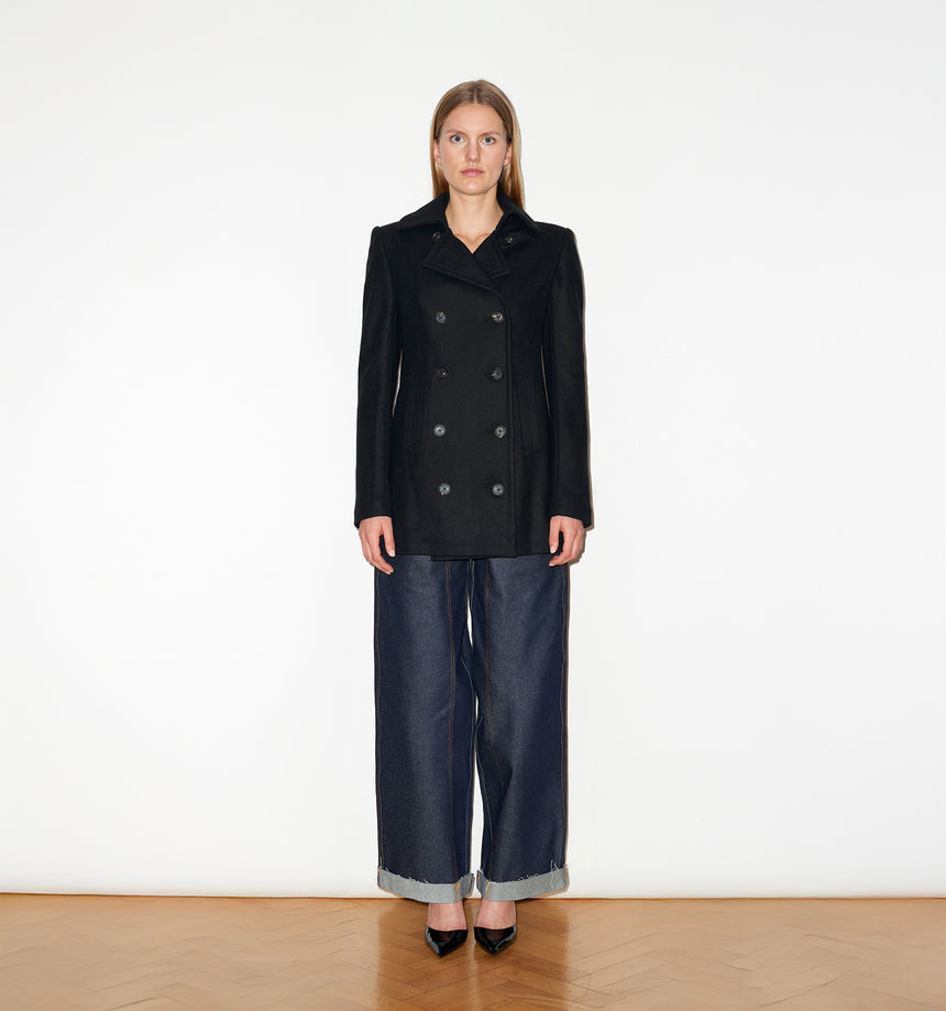 BLACK WOOL MELTON PEA COAT