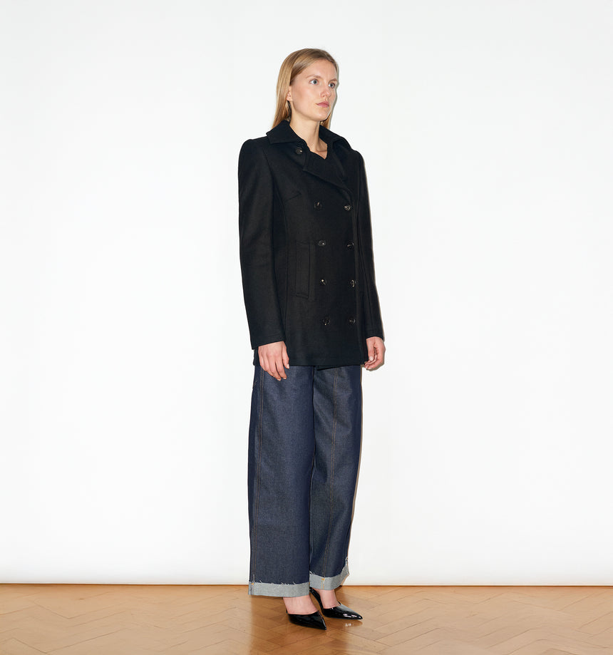 BLACK WOOL MELTON PEA COAT
