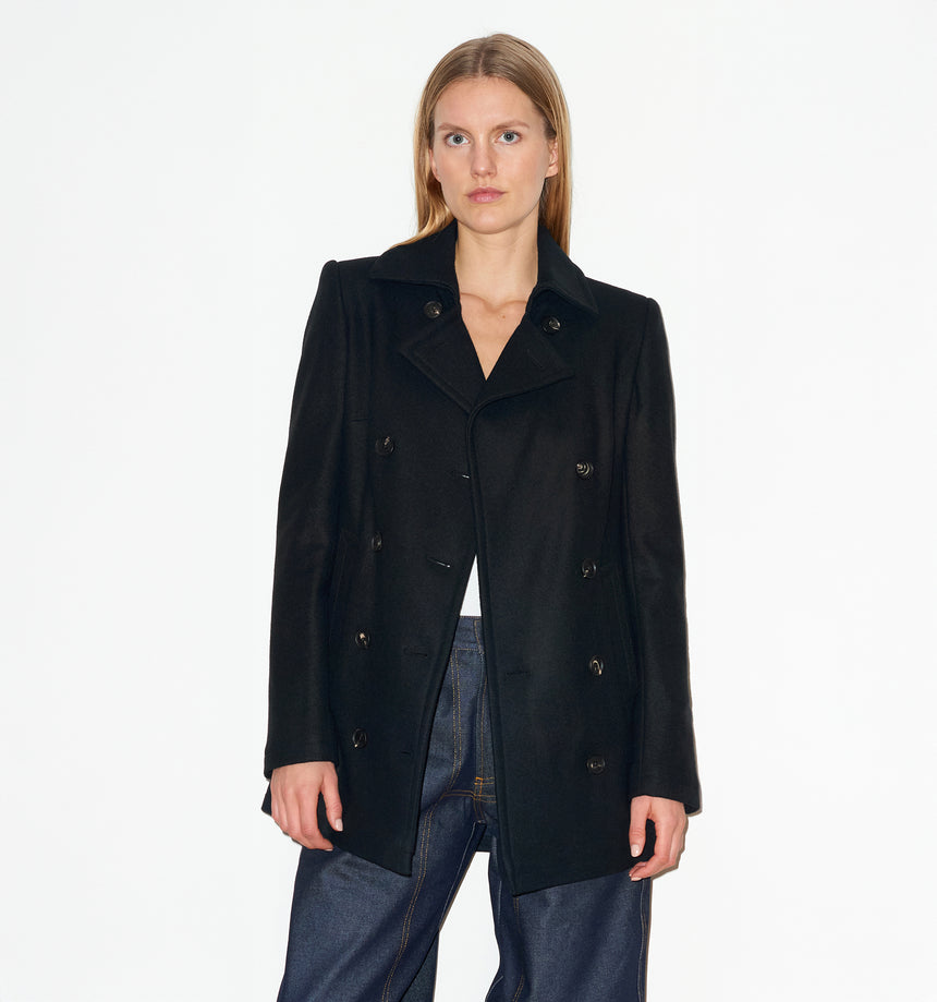 BLACK WOOL MELTON PEA COAT