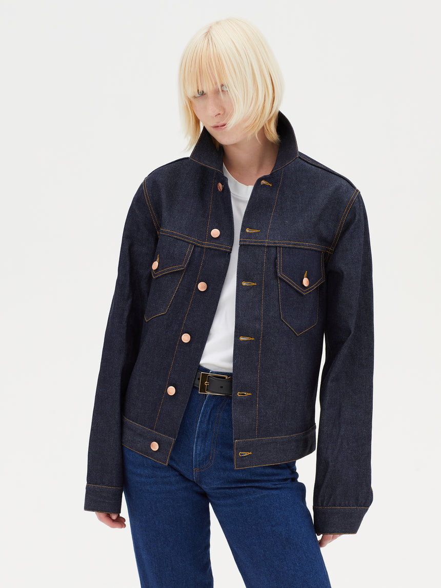 Raw denim trucker jacket deals