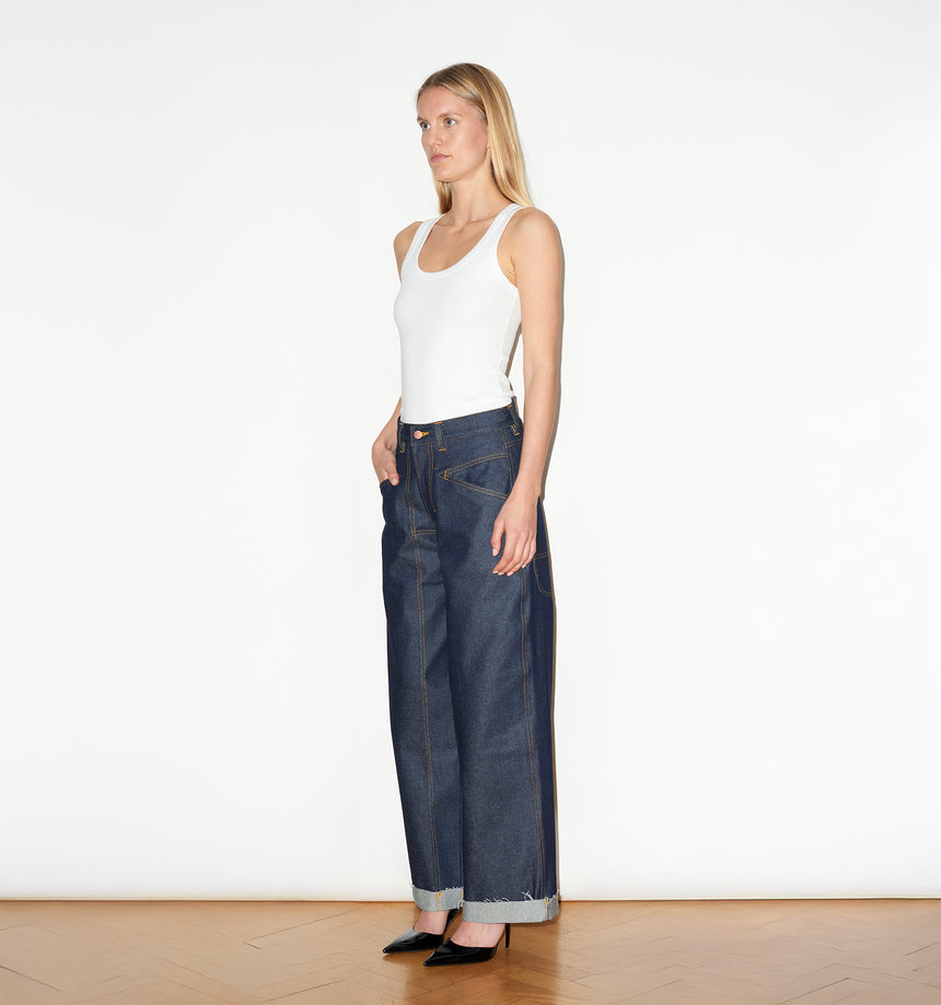 WIDE LEG MID RISE INDIGO JEANS