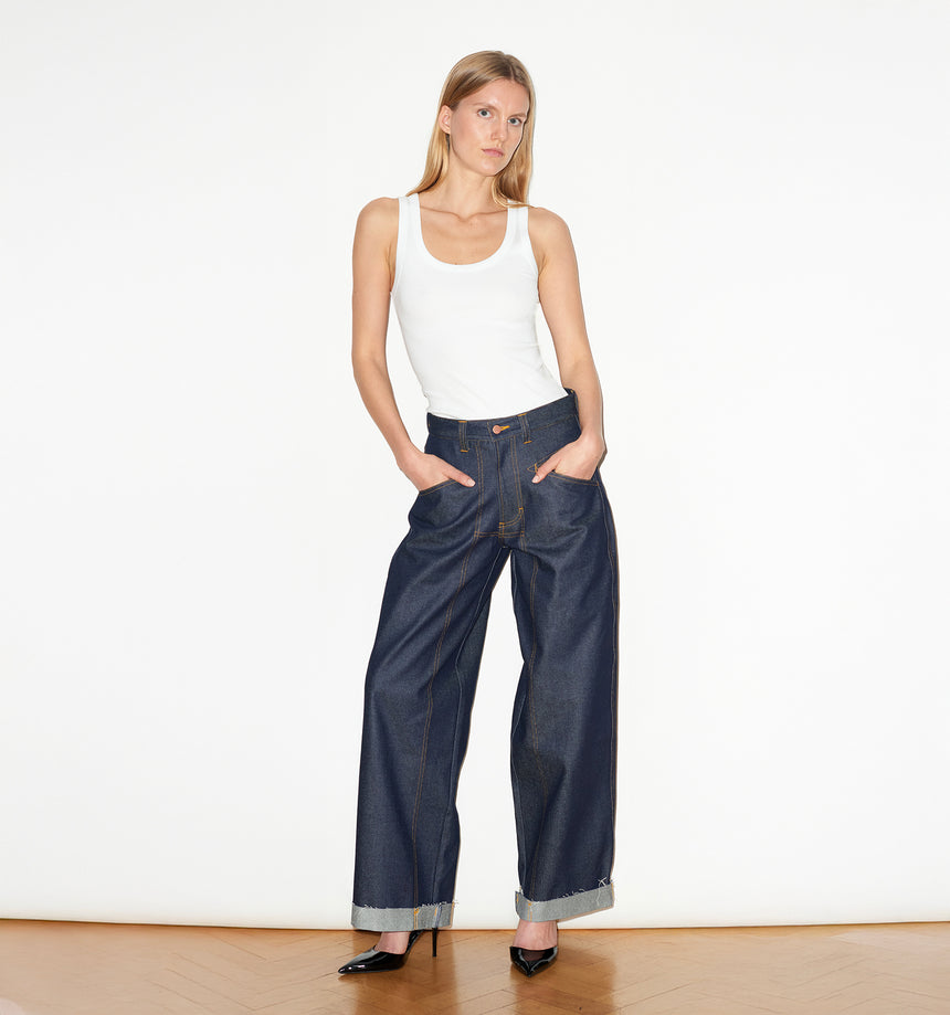 WIDE LEG MID RISE INDIGO JEANS