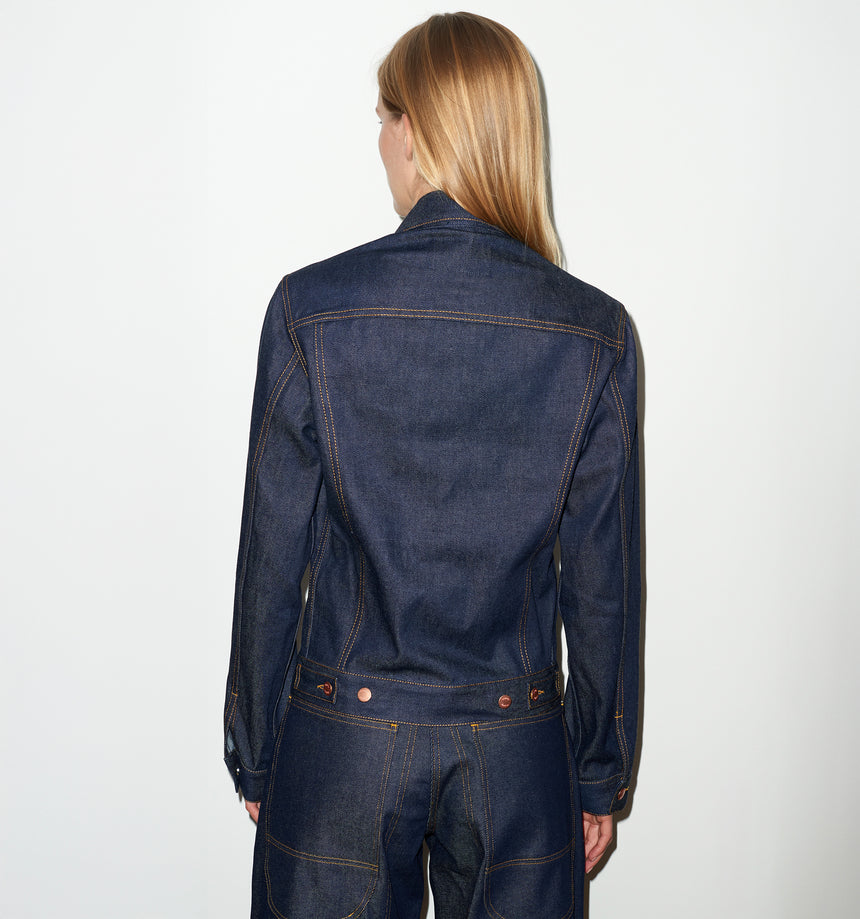 TAILORED DENIM TRUCKER JACKET IN RAW INDIGO DENIM